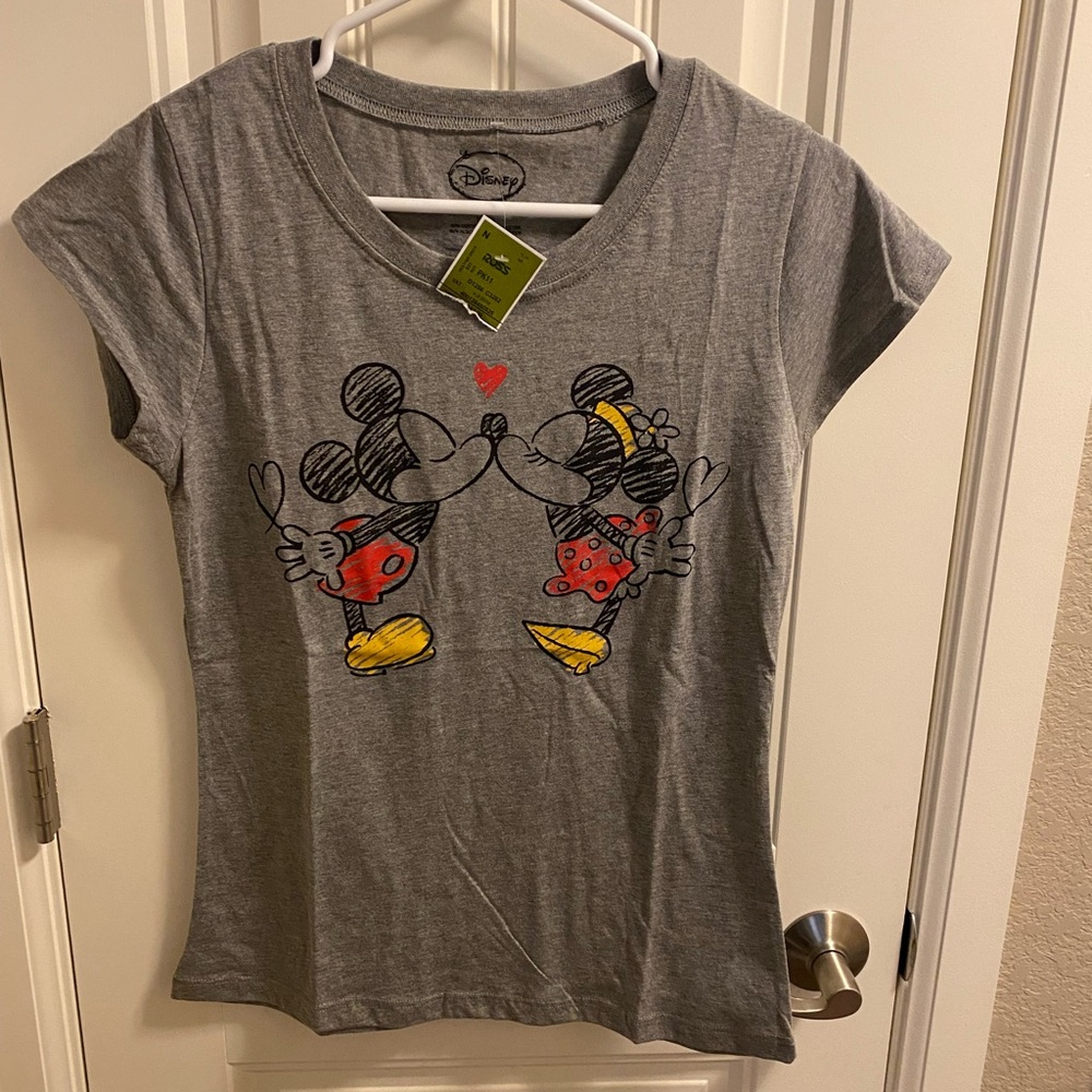 NWT Disney L Top Juniors Gray Mickey Minnie Mouse T-shirt Shirt Love Large Lg